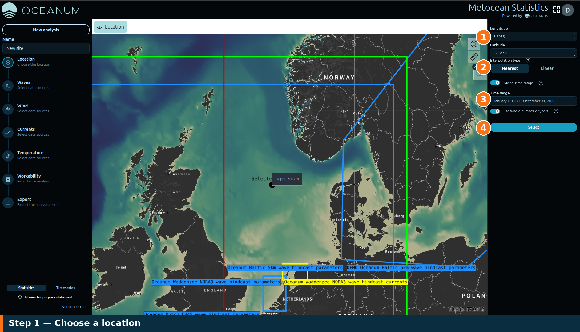 The Location step — a selected point on the map and the location panel.