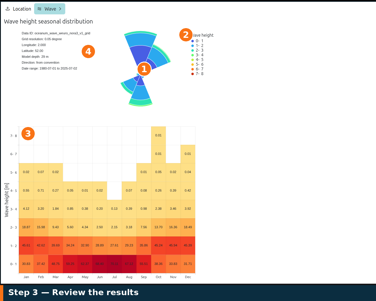 A wave statistics results page — directional rose and seasonal heatmap.