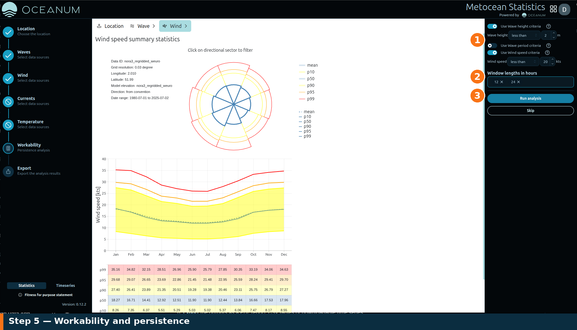 The Workability step — multi-variable criteria and window lengths.